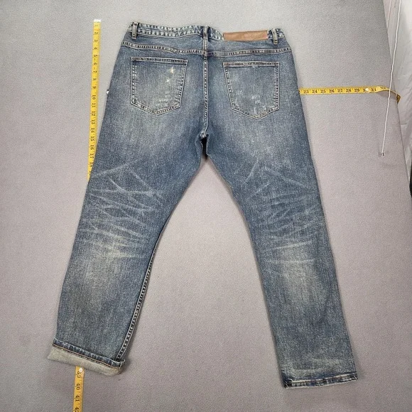 Loewe Jeans Mens Selvedge Blue Medium Wash Distressed Slim Tapered Fits 36x27